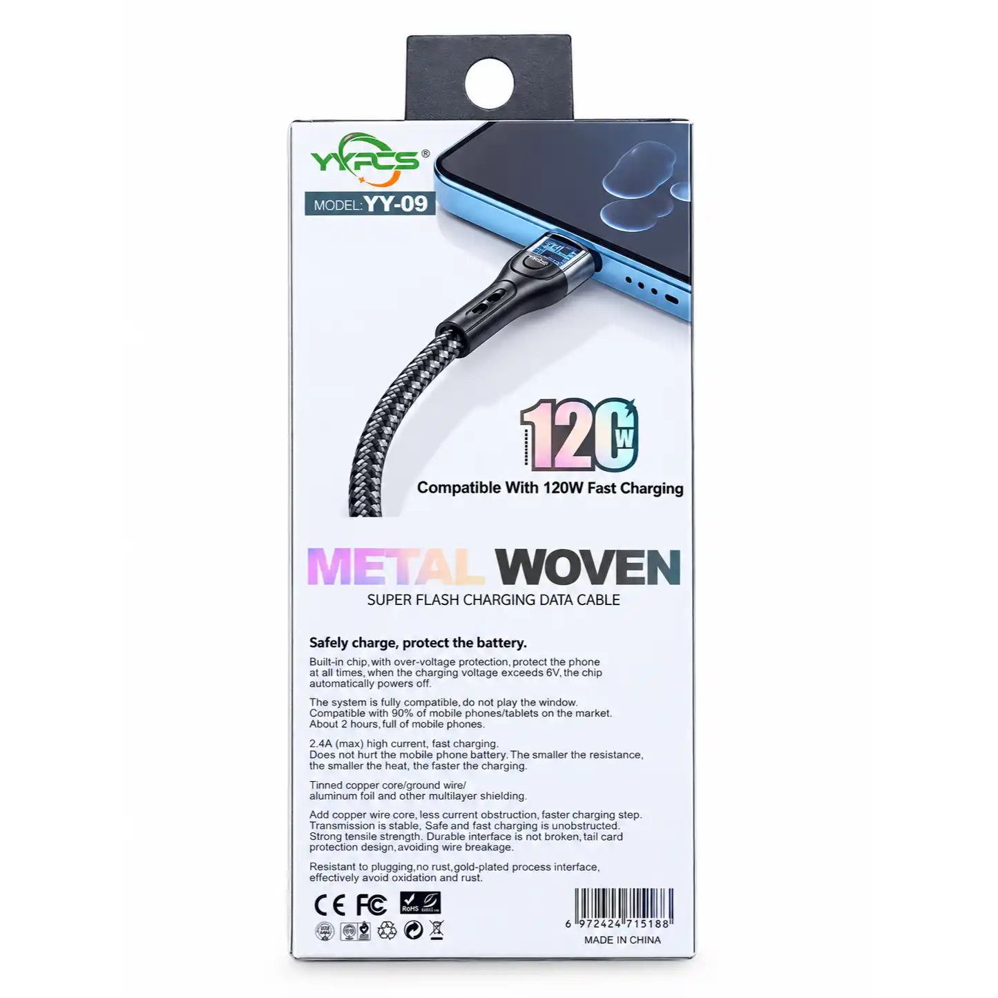 کابل تبدیل USB به USB-C مدل YYPCS YY-09 به طول 1.2 متر